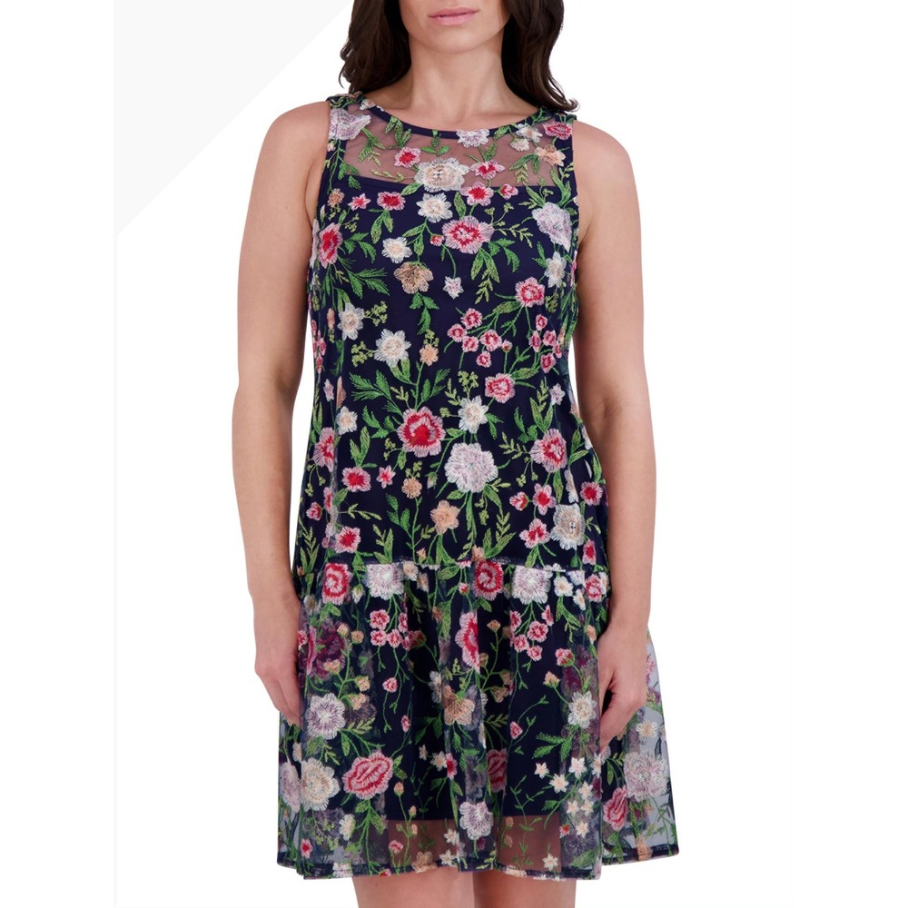 Kensie Navy Floral Embroidered Sheer Mesh Drop Waist Dress Size 6‎
